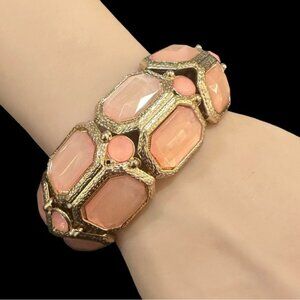 Vintage Gold-Tone Stretch Bracelet W/ Faceted Pink Glass Gems